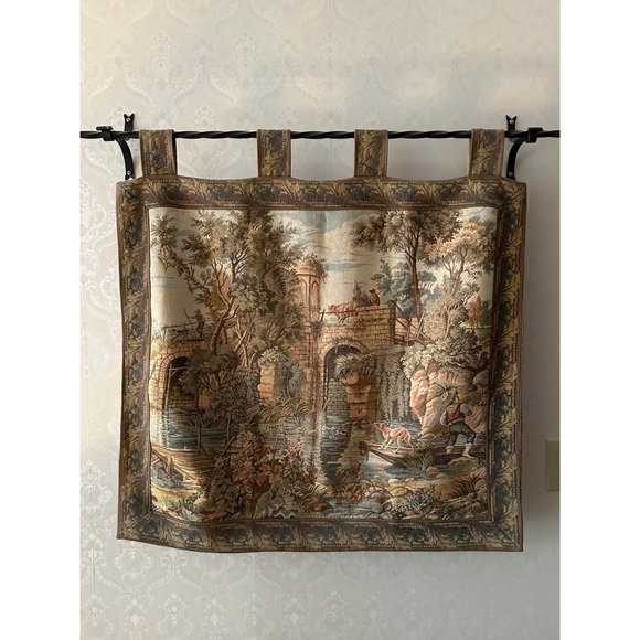 Vintage River Scene Hanging Tapestry Includes Rod & Bracket